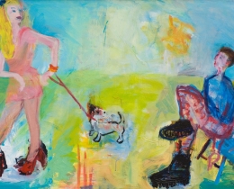 Out Walking the Dog, 75 x 105 cm acrylic on paper on board, framed